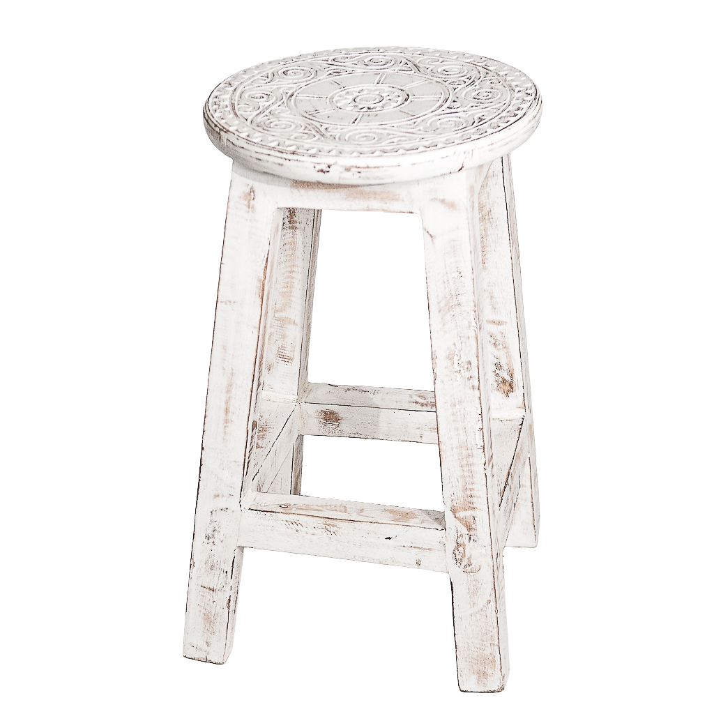 Houten krukje mandala wit/whitewash