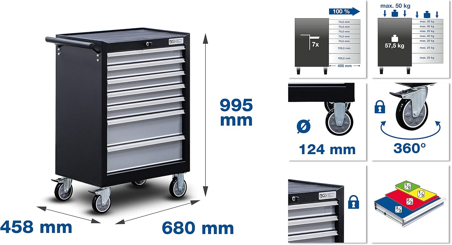 BGS 6069-Carrello da Officina, 7 cassetti, con 227 Attrezzi
