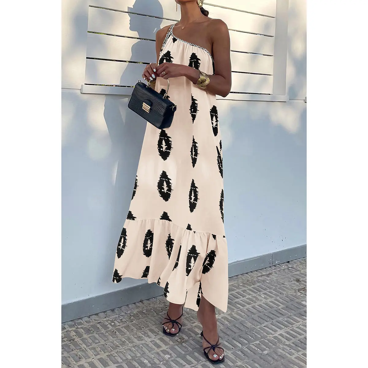 PrettyGarden Women's One Shoulder Spaghetti Strap Printed A Line Flowy Boho Maxi Long Sundress