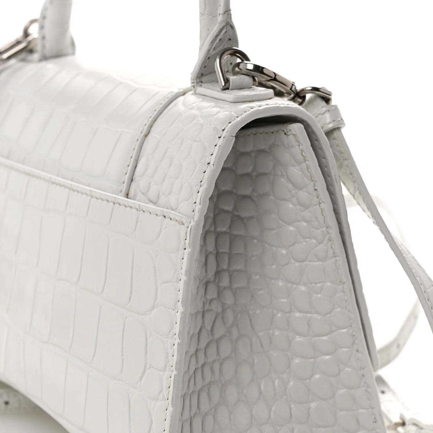 Calfskin Crocodile Embossed Small Hourglass Top Handle Bag White - Top Club