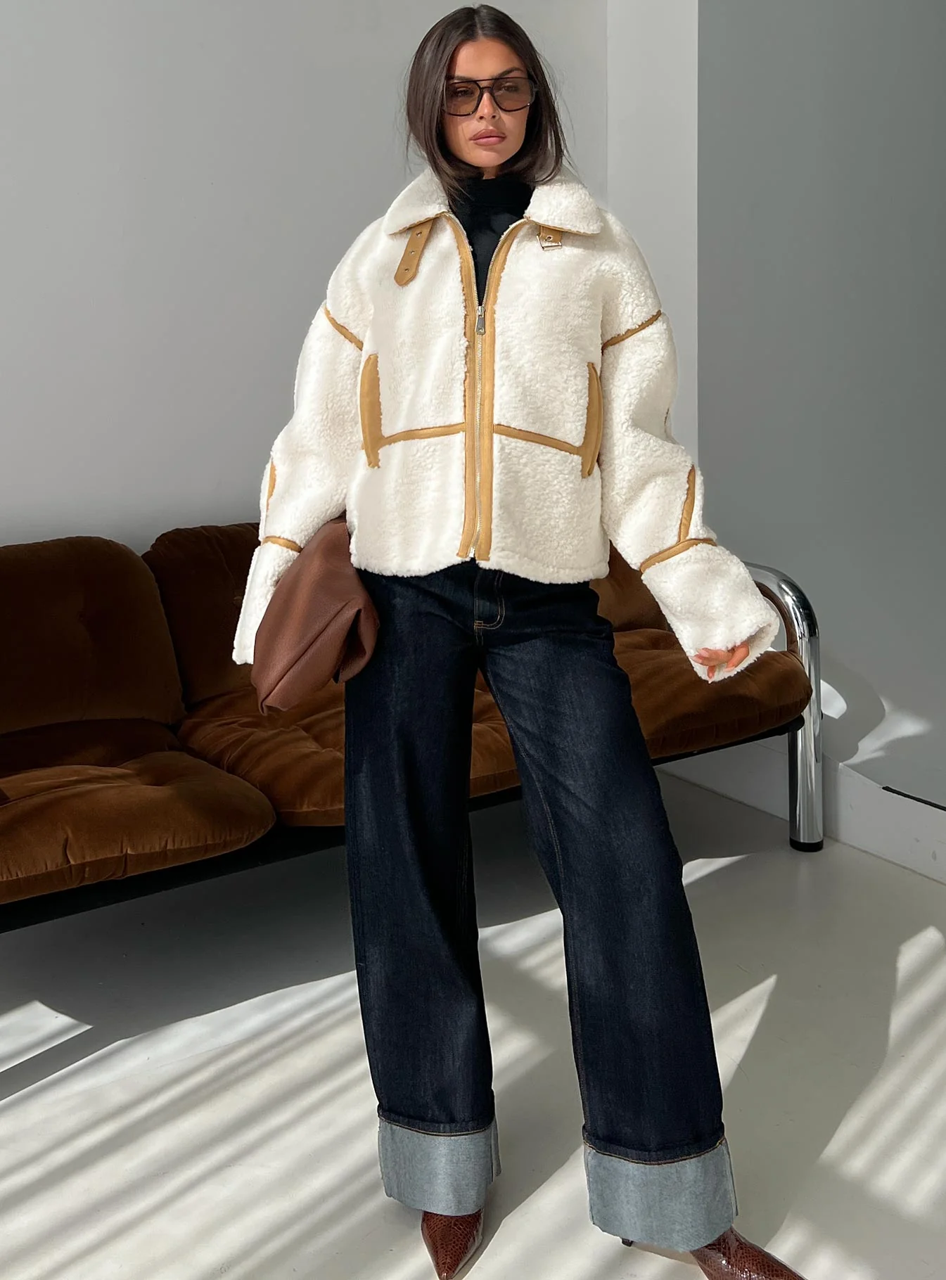 Briane Contrast Teddy Jacket White