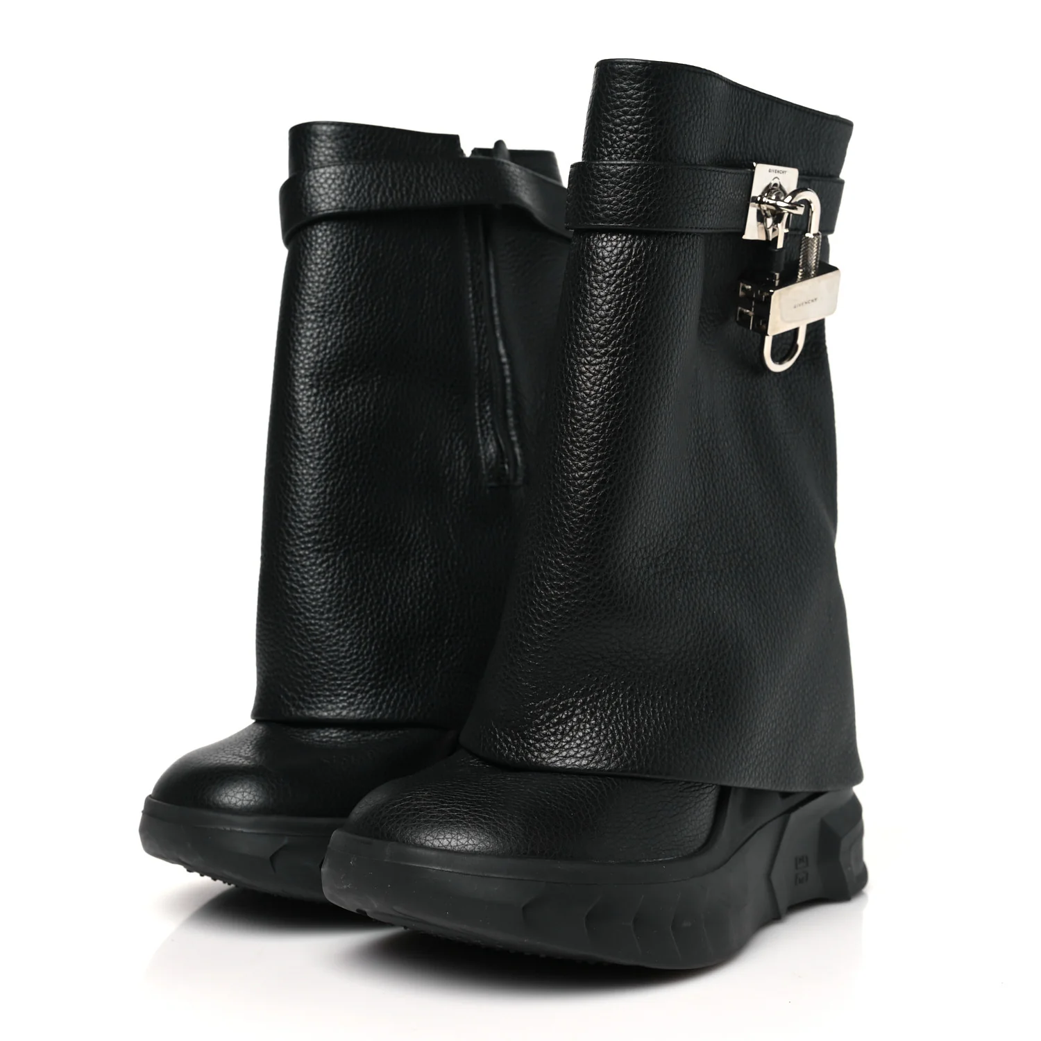 Grained Calfskin Shark Lock Biker Ankle Boots 36 Black - Top Club
