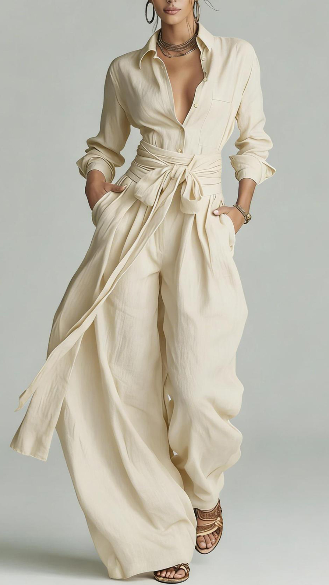 Women's  Cotton-Linen Shirt & Wide-Leg Pants Set with Belt - Nordfashionstorm - Women's Clothing, Fashion for You - Nordfashionstorm.com