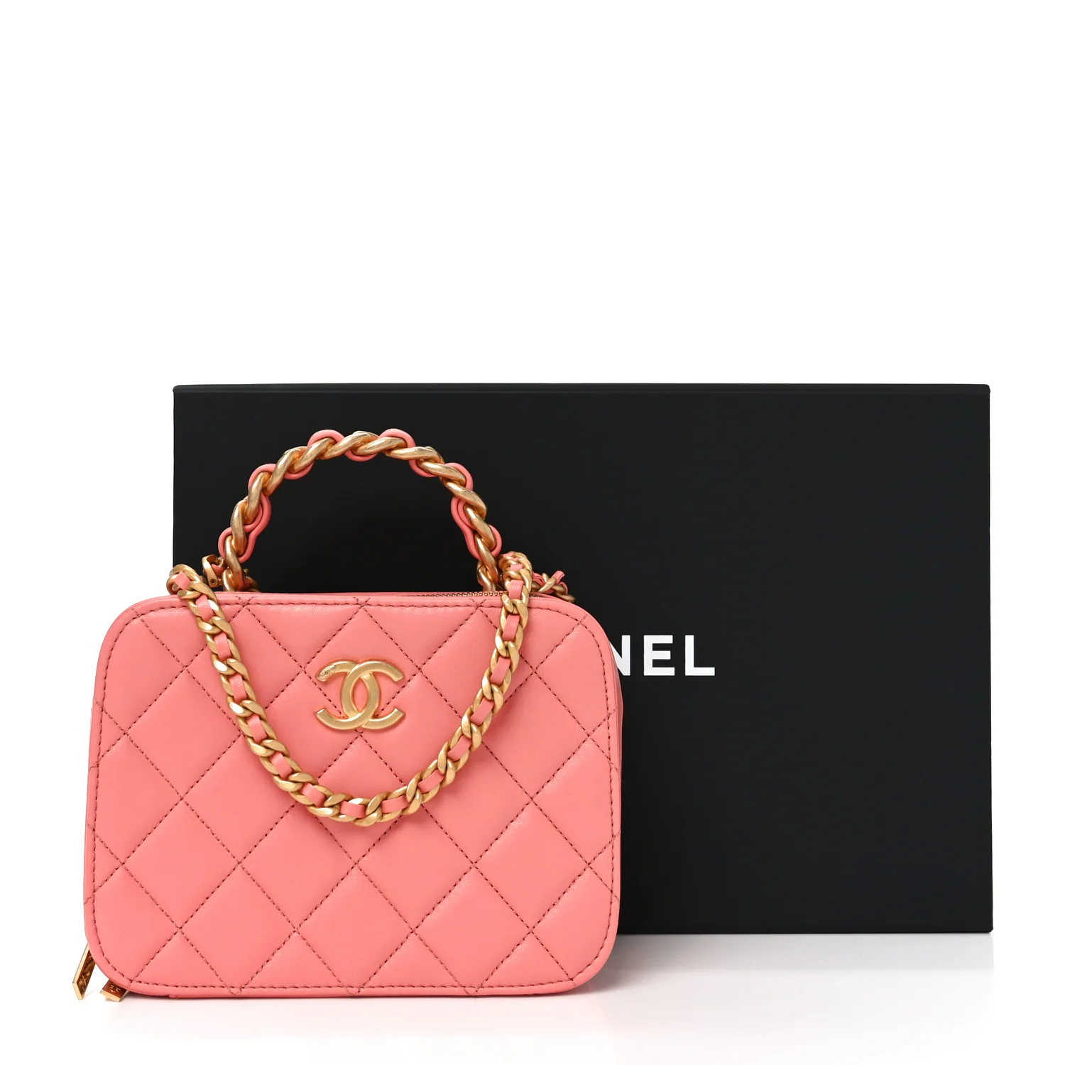 Lambskin Quilted Top Handle Small Vanity Case Pink - Top Club