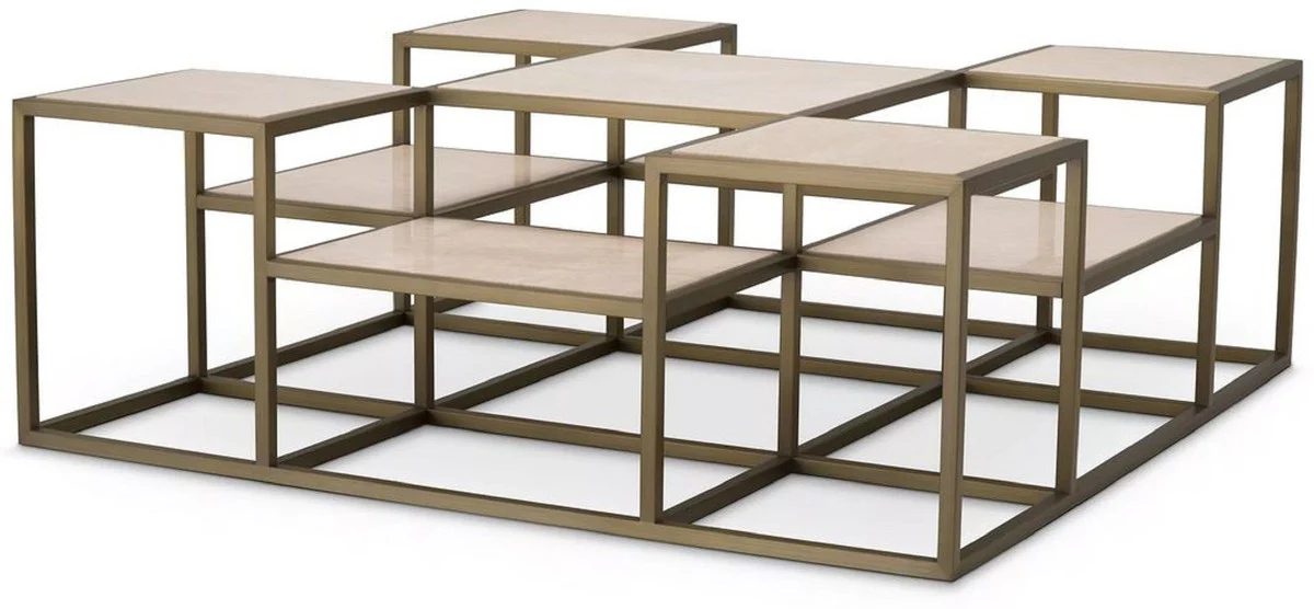 Luxury coffee table brass / beige 120 x 120 x H. 41.5 cm - Square stainless steel living room table with travertine table tops - Living room furniture - Luxury furniture - Luxury furnishings