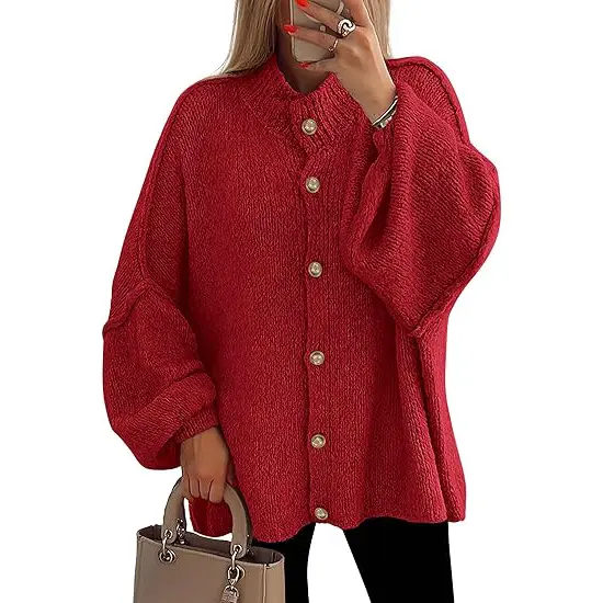 PrettyGarden Women's Winter Button Down Cardigan Sweaters Mock Neck Lantern Long Sleeve Chunky Knit Jacket Trendy Outerwear