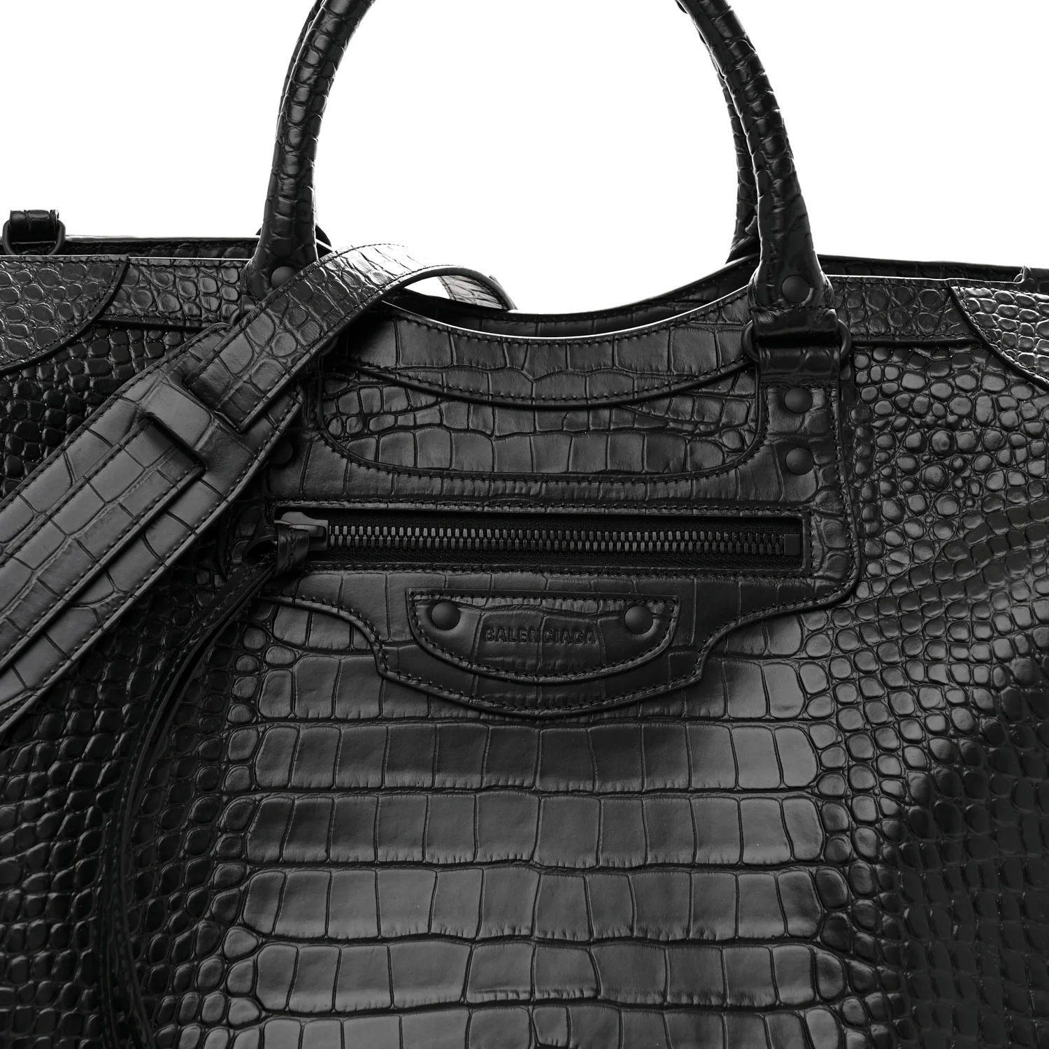 Semi Matte Calfskin Crocodile Embossed Neo Classic Black Hardware Large City Black - Top Club