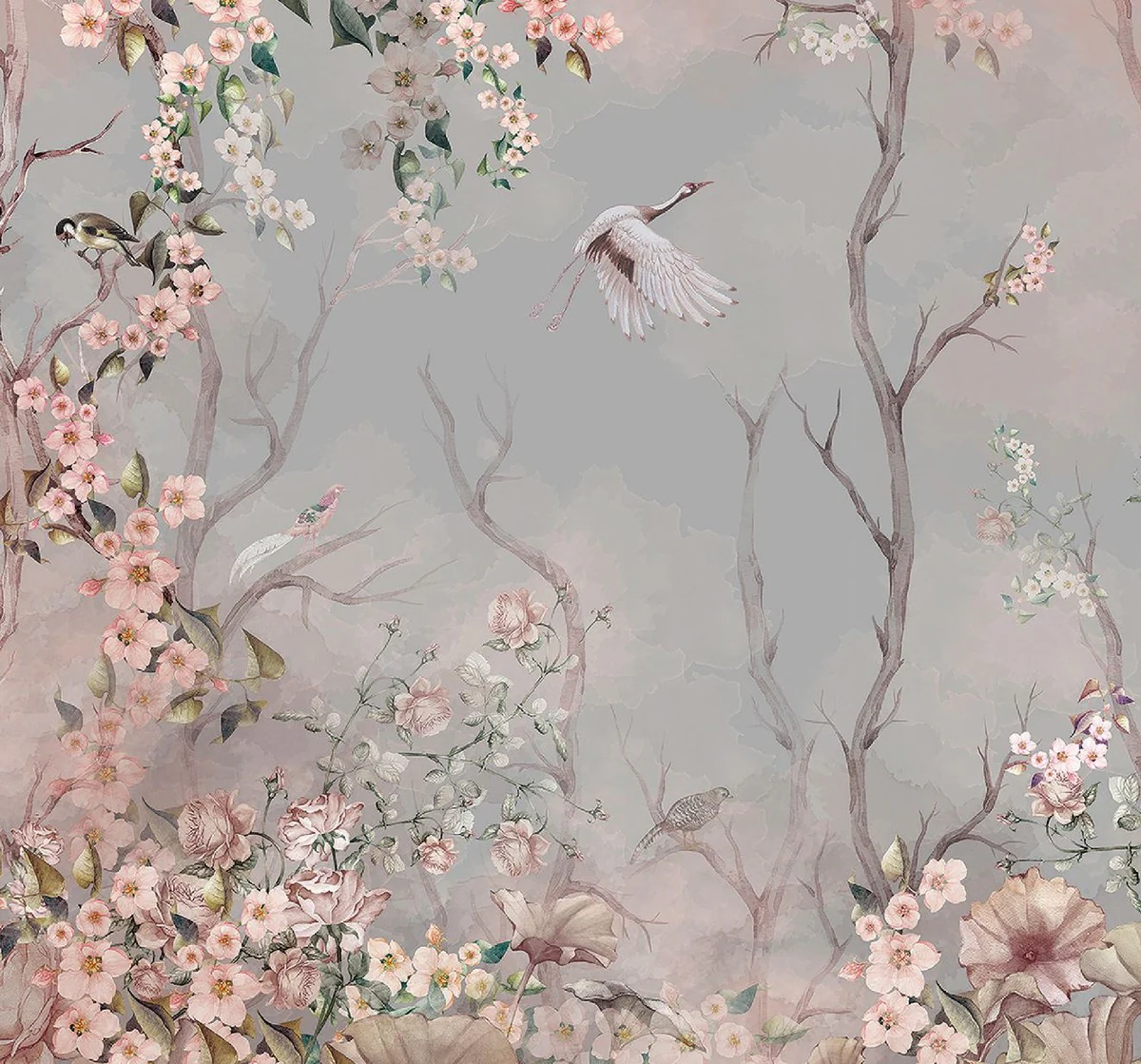 Luxury curtain set birds in the forest light gray / multicolored 250 x H. 290 cm - printed linen & velvet curtains - eyelet curtains - sliding curtains - luxury quality