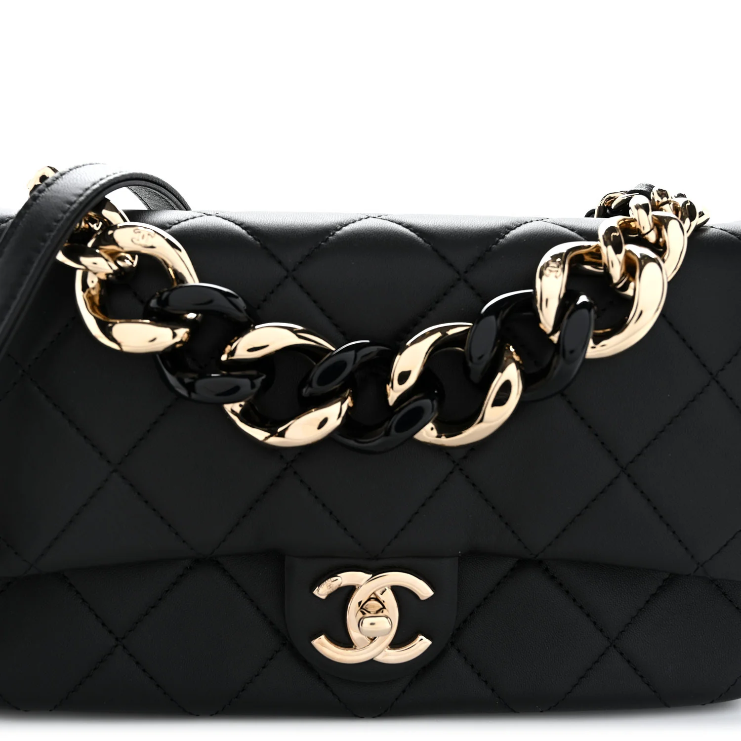 Lambskin Quilted Resin Bi-Color Chain Flap Bag Black - Top Club