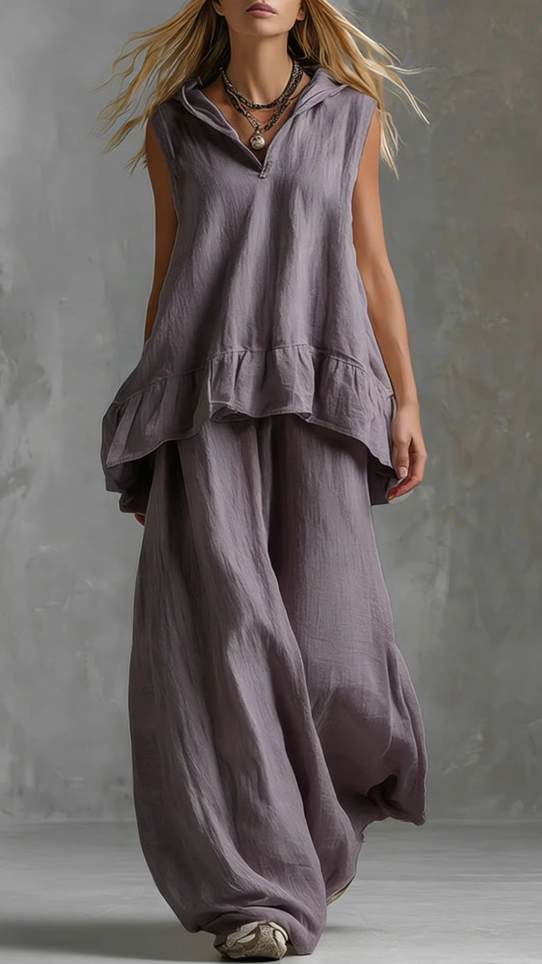 Women's Cotton-Blend Light Blue Ruffled Sleeveless Loose Set - Nordfashionstorm - Women's Clothing, Fashion for You - Nordfashionstorm.com