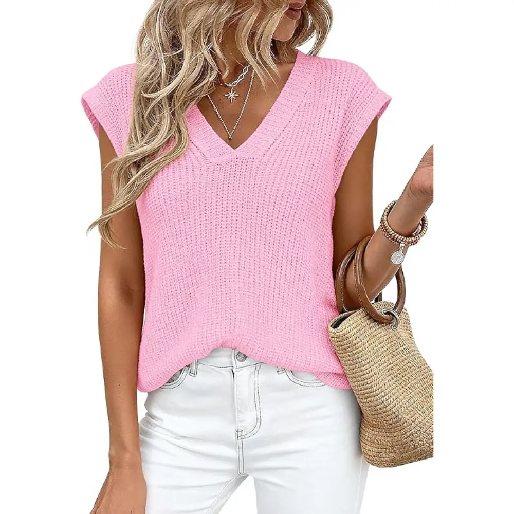 PrettyGarden Women's Lightweight Sweaters Vest Spring Trendy Cap Sleeve V Neck Knit Tank Tops Summer Going Out Outfits