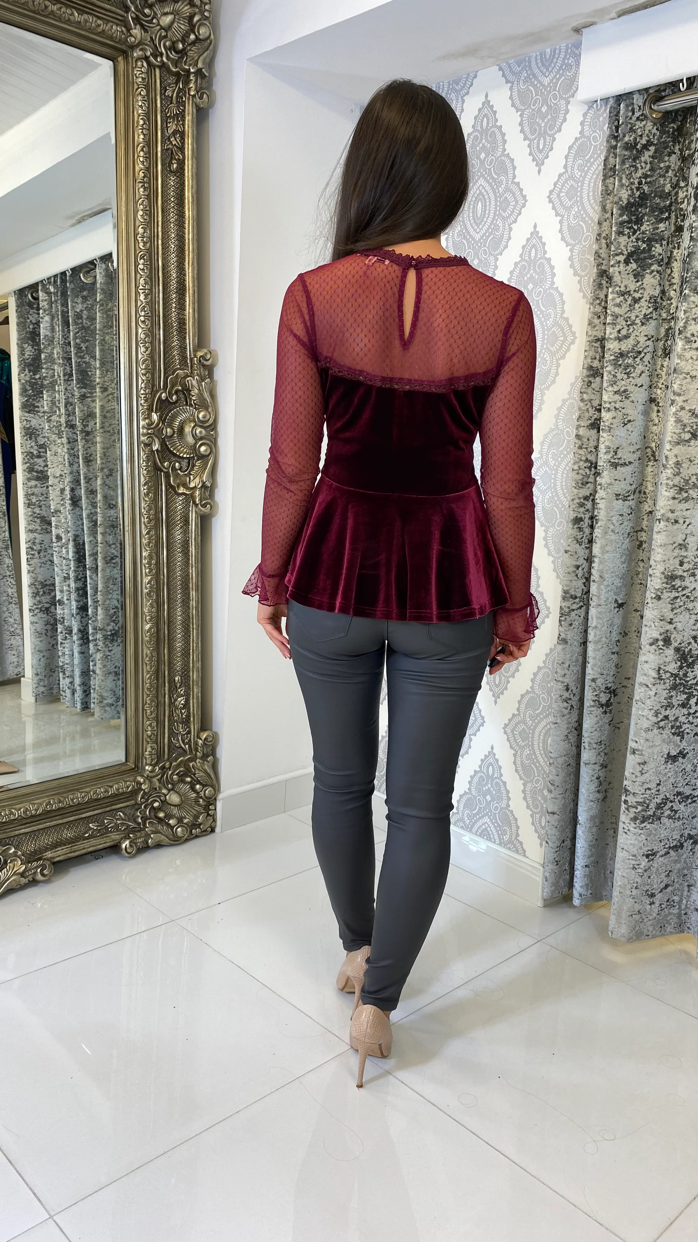 Burgundy Velvet Peplum Top
