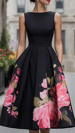 Women's Cotton-blend Black Art Floral Print Sleeveless Waist-cinched Flared Midi Dress - Nordfashionstorm - Women's Clothing, Fashion for You - Nordfashionstorm.com