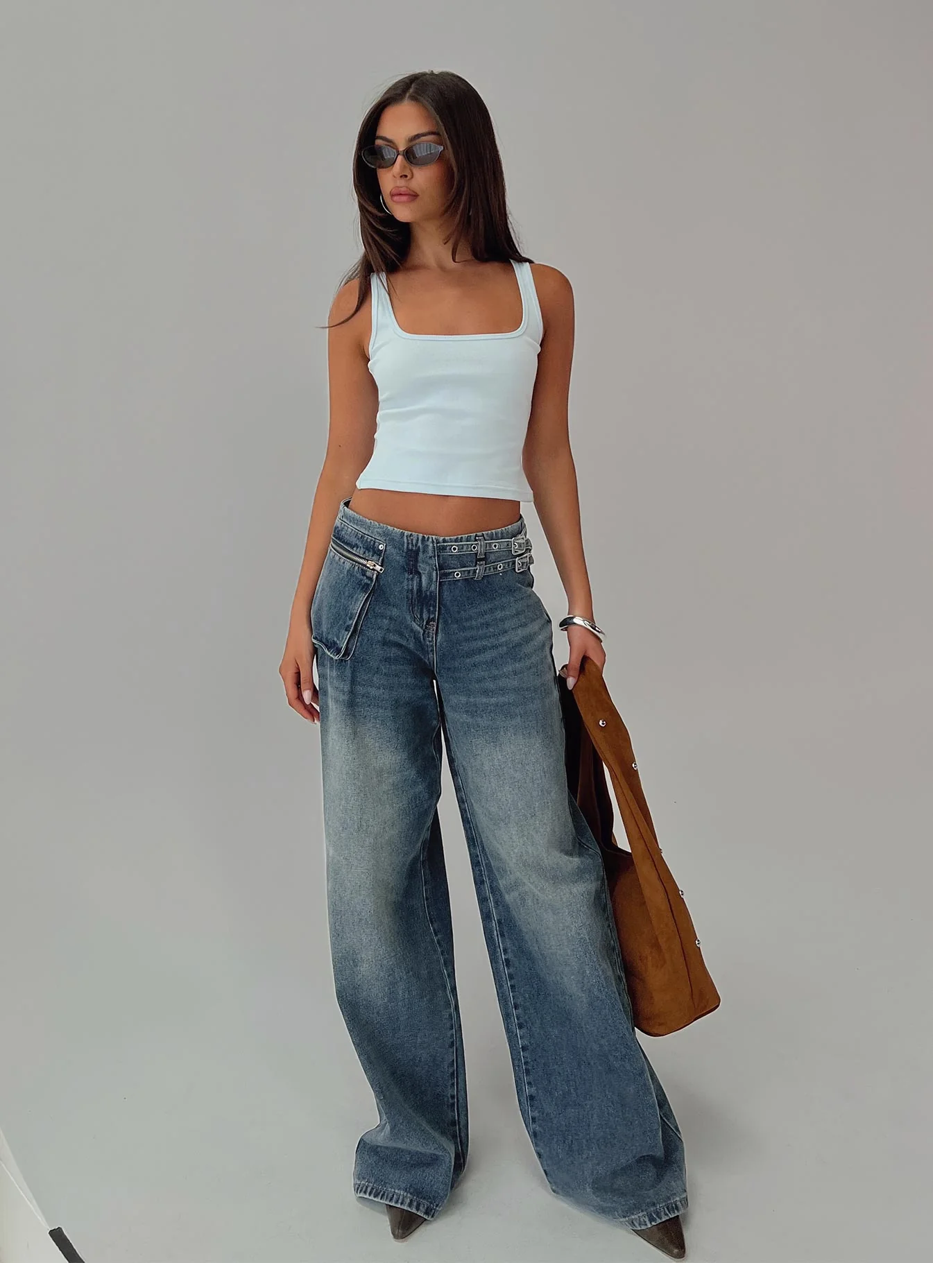 Paltrow Mid Rise Wide Leg Cargo Jeans Mid Blue Wash