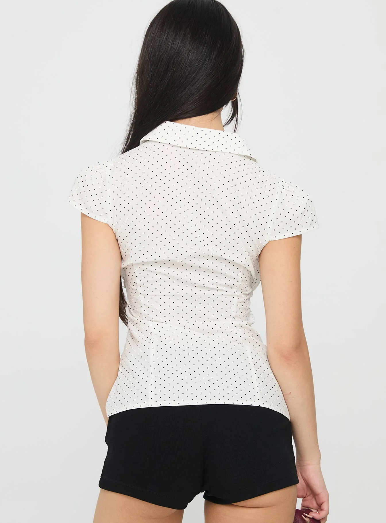 Lyzbeth Ruched Button Up Top White Polka