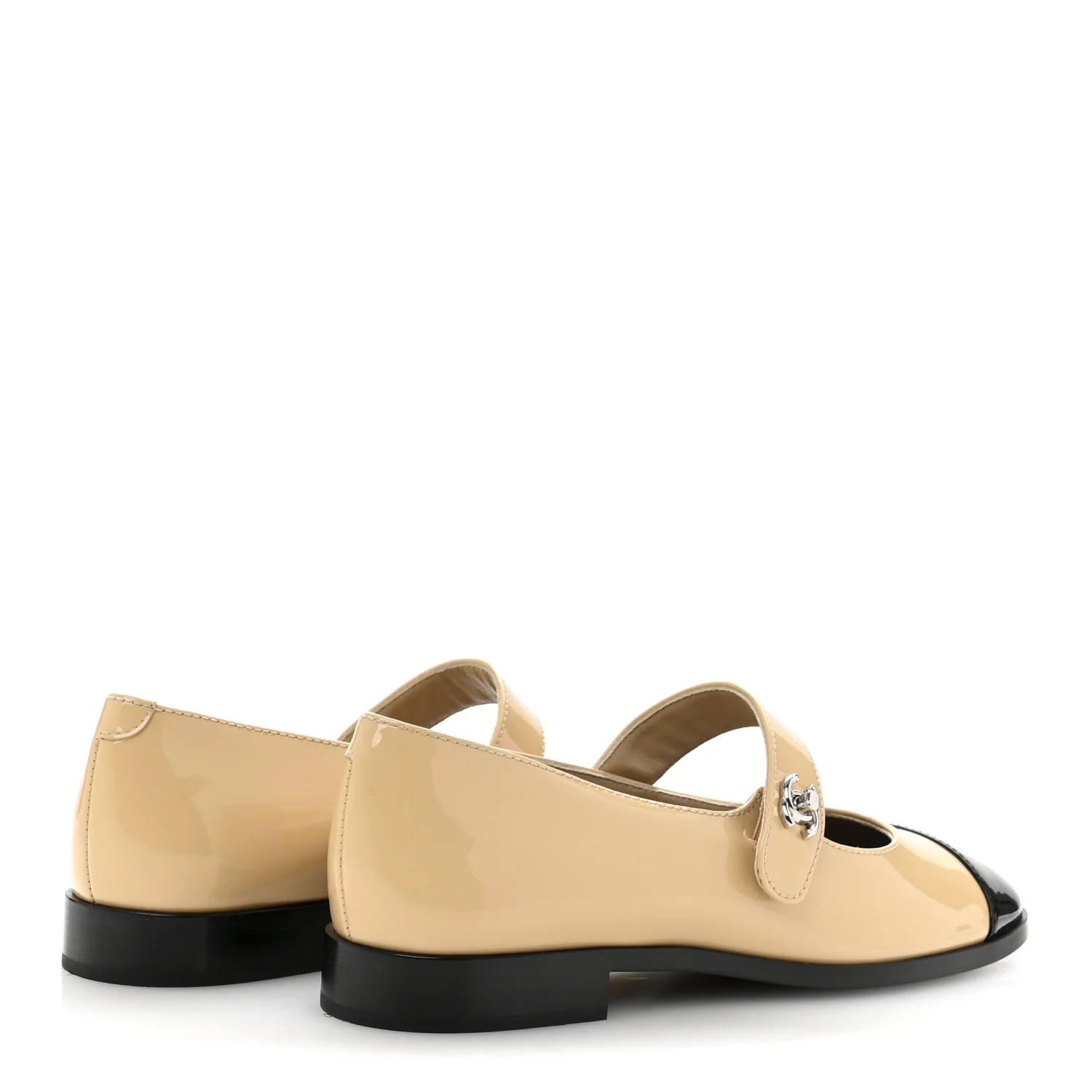 Patent Calfskin Mary Janes Flats 37 Beige Black - Top Club