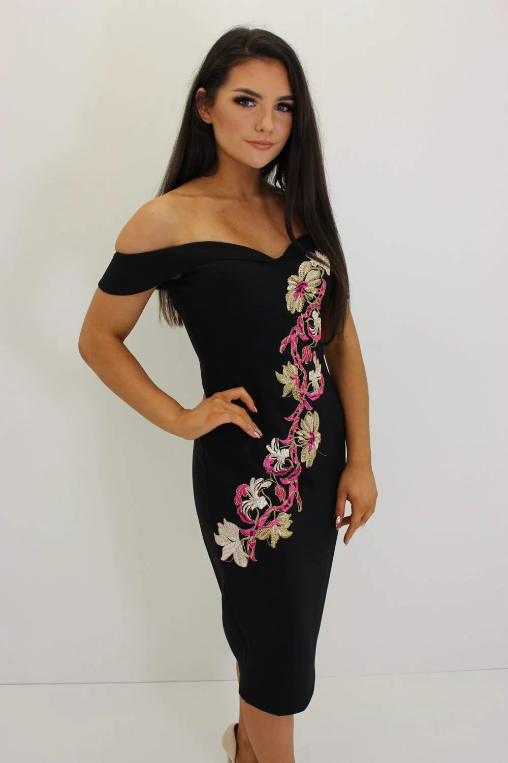 Black Bardot Floral Embroidery Dress