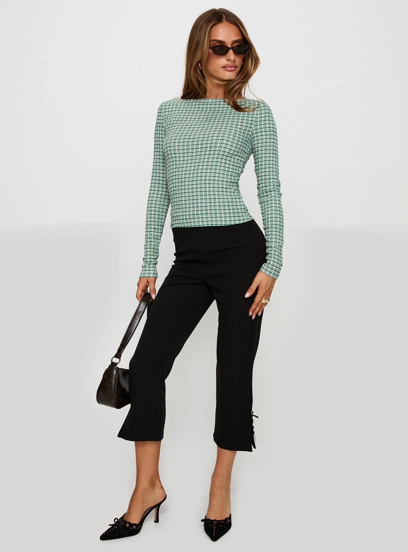 Every Second Boat Neck Long Sleeve Top Green Check