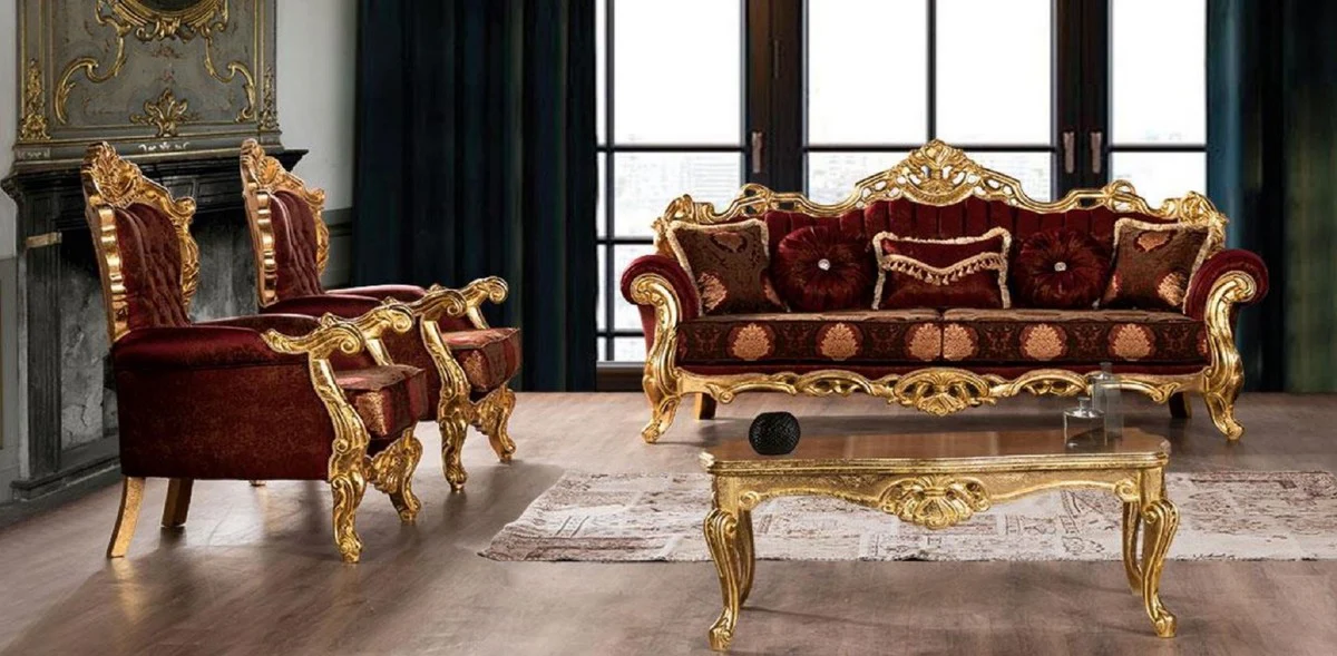 Luxury Baroque living room set Bordeaux red / gold - 2 sofas with pattern & 2 armchairs with pattern & 1 coffee table - Magnificent Baroque living room furniture