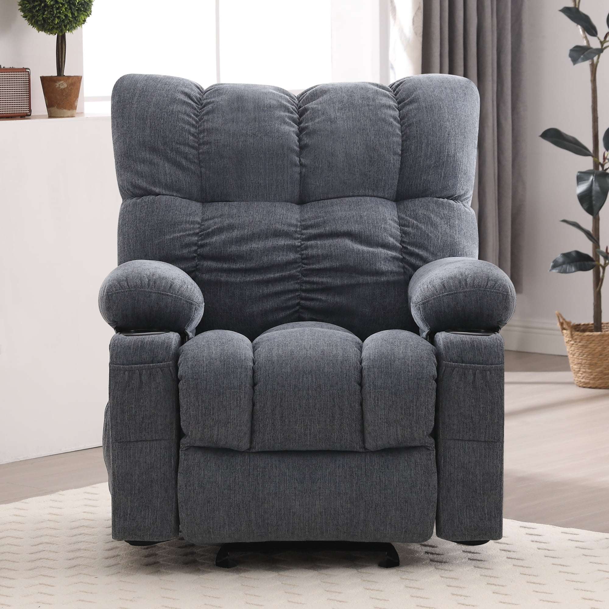 JONPONY Manual Recliner Chair with Heat Therapy and Massage Function, Heavy Duty Reclining Mechanism Massage Chair, Elderly Single Rocker Sofa with Cup Holders for Bedroom Home Theater, Grey