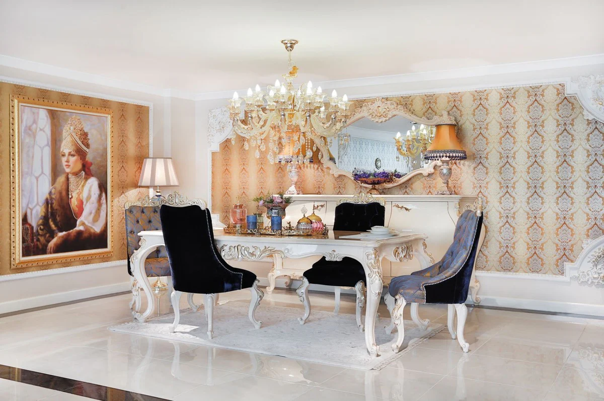Luxury baroque dining room set blue / white / gold - 1 dining table & 6 dining chairs - Magnificent dining room furniture in baroque style - luxury quality