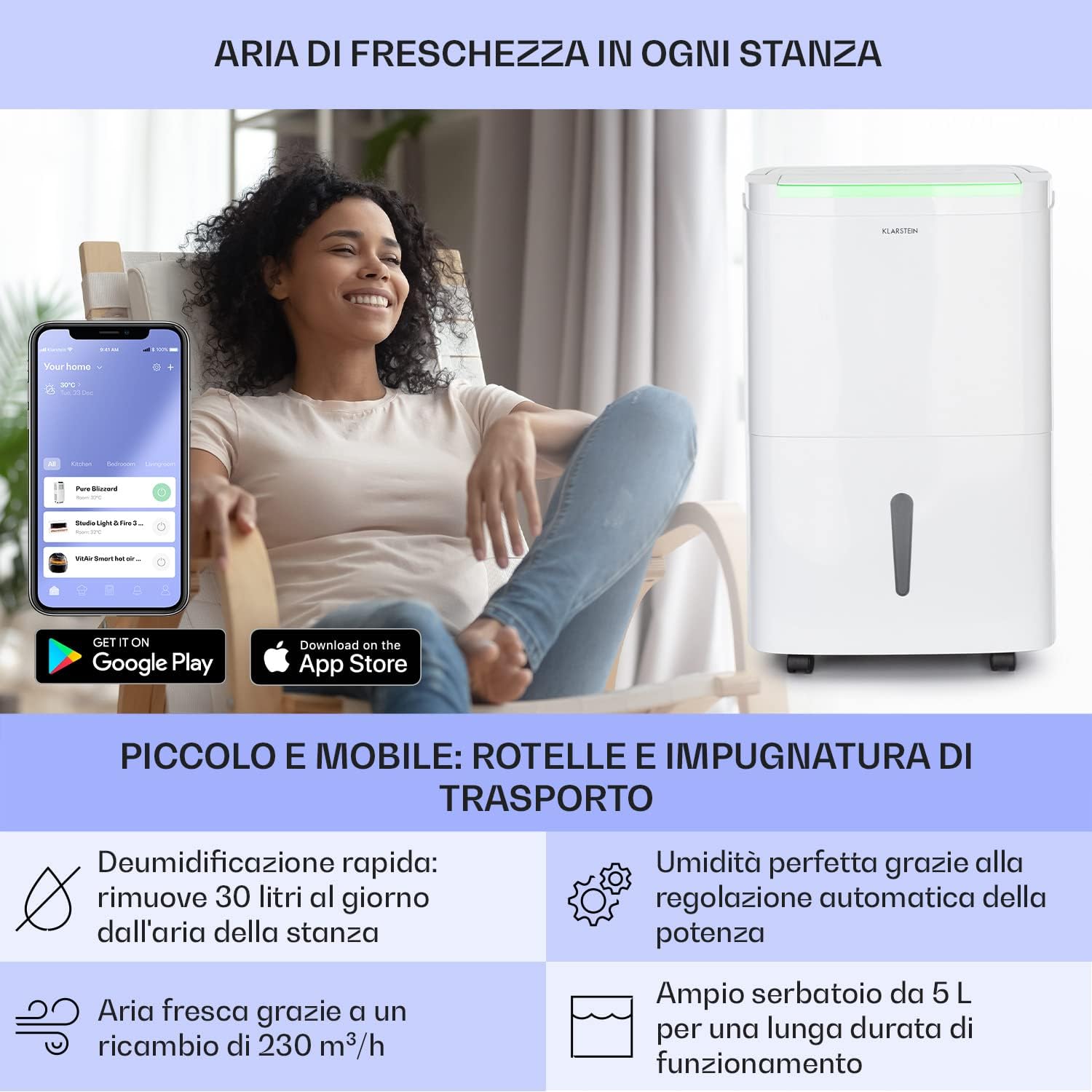 Klarstein Deumidificatore Casa per Muffa e Umidità Silenzioso, Portatile Smart, Deumidificatore Ambiente Professionale Elettrico Basso Consumo, WiFi 30L con Display LED