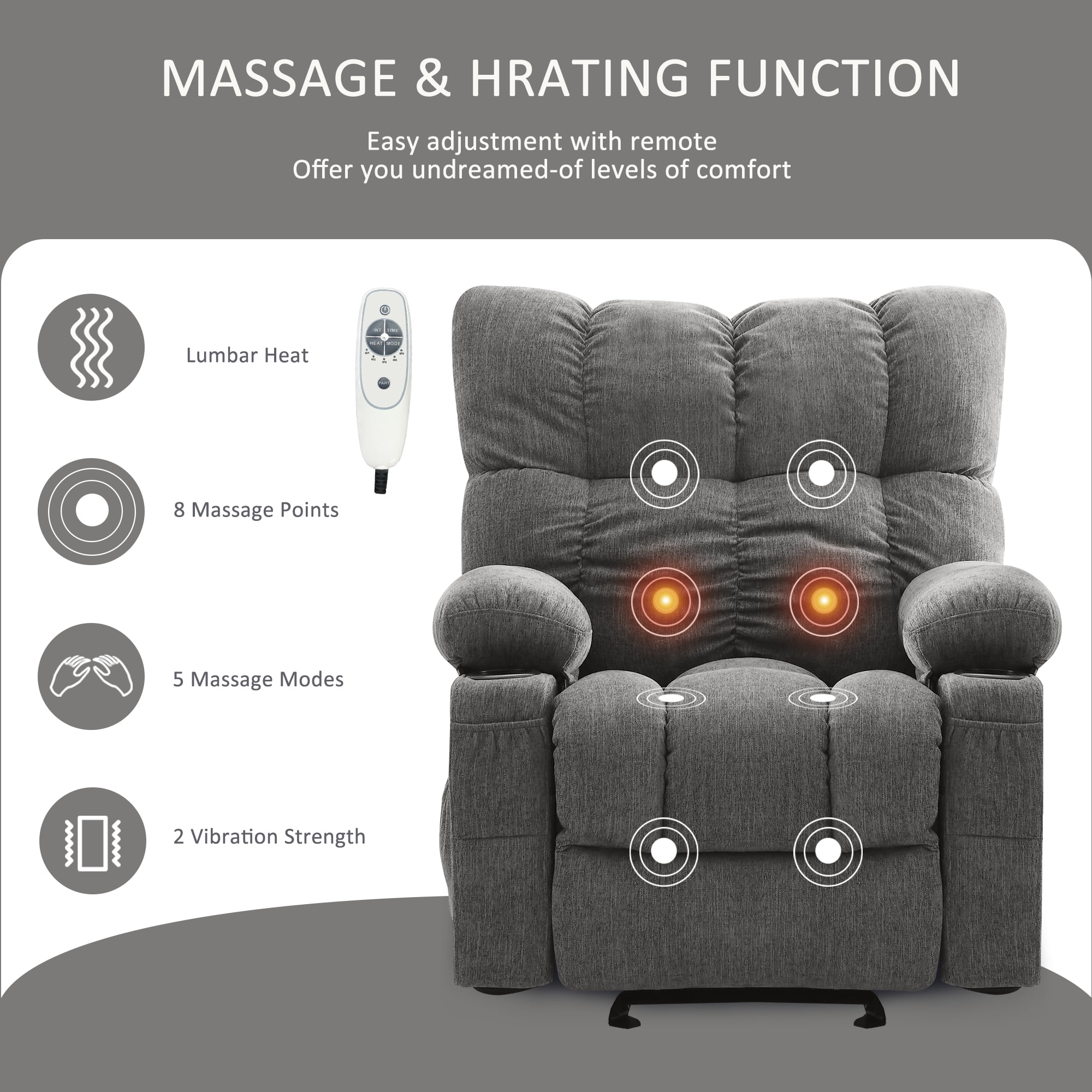 JONPONY Manual Recliner Chair with Heat Therapy and Massage Function, Heavy Duty Reclining Mechanism Massage Chair, Elderly Single Rocker Sofa with Cup Holders for Bedroom Home Theater, Grey