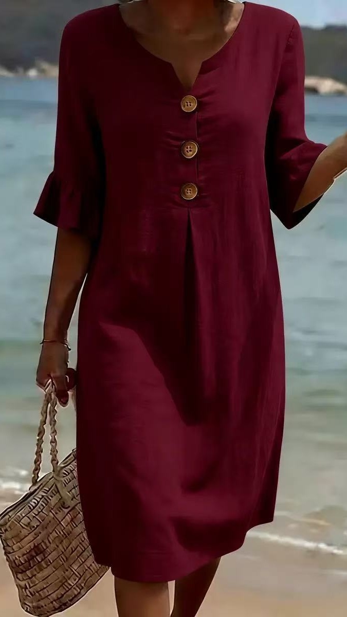Women's Cotton-Linen Dress with V-Neck, Large Buttons, and Ruffled Sleeves - Nordfashionstorm - Women's Clothing, Fashion for You - Nordfashionstorm.com