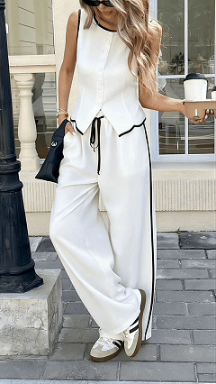 Women's Elegant Sleeveless Top and Trousers Set with Contrast Piping - Nordfashionstorm - Women's Clothing, Fashion for You - Nordfashionstorm.com