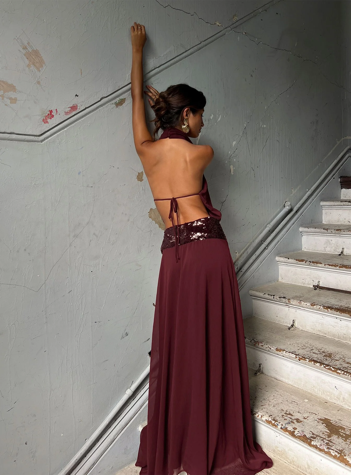 Darwinn Drop Waist Sequin Detail Maxi Dress Burgundy