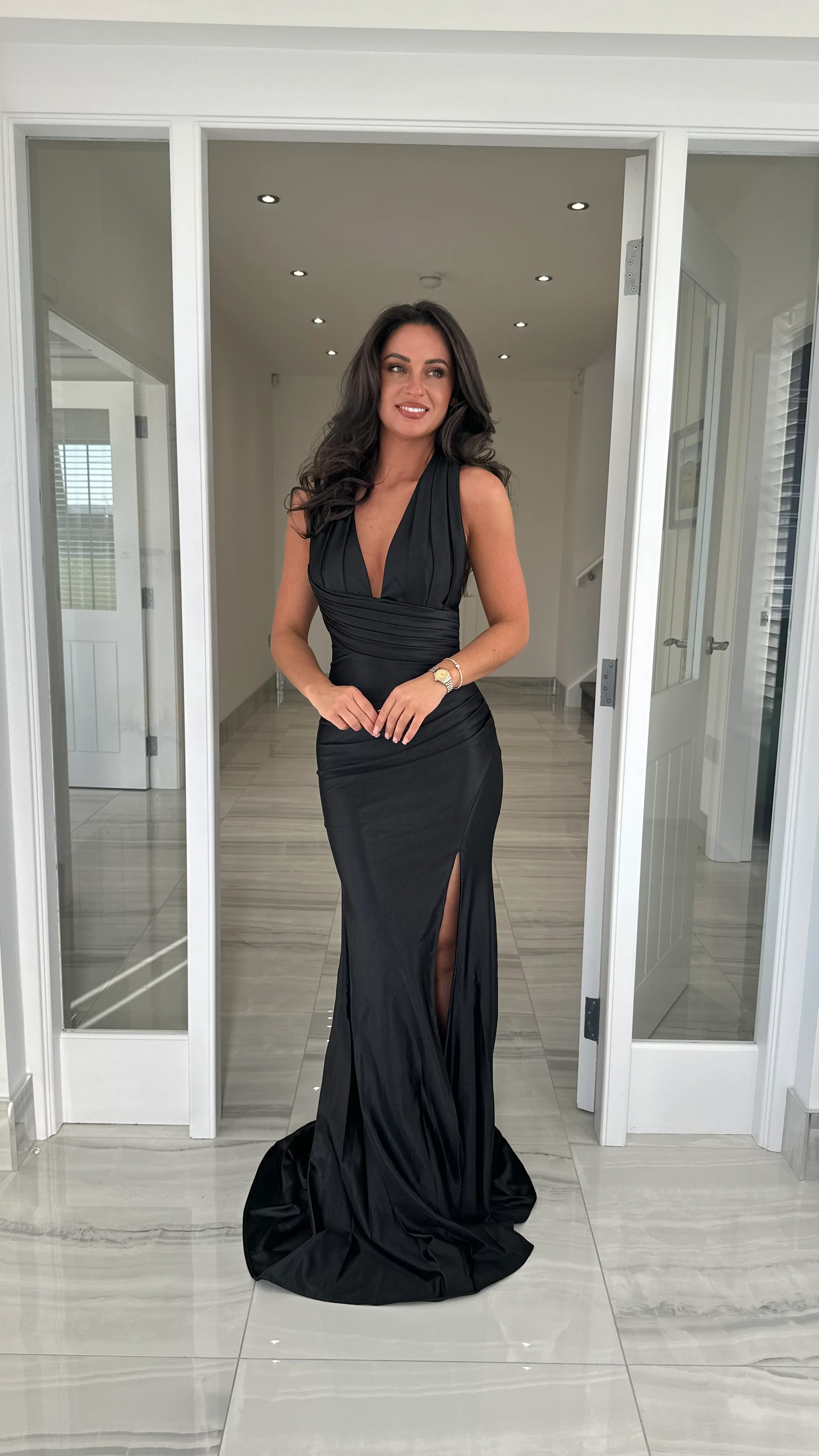 Black Satin Halterneck Ruched Prom Dress
