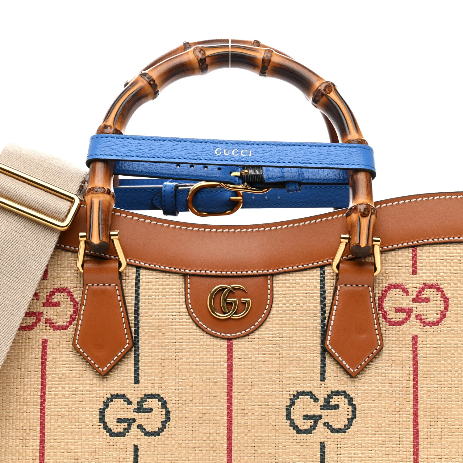 Raffia Monogram GG Jacquard Medium Diana Tote Bag Natural Red Green Modern Blue - Top Club