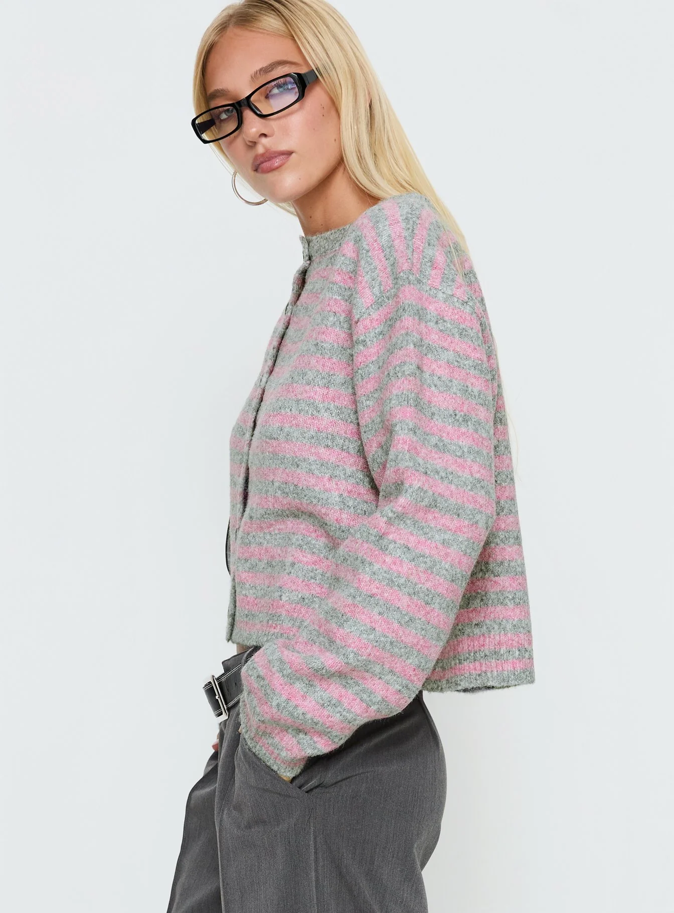 Raynna Button Up Cardigan Pink / Grey Stripe