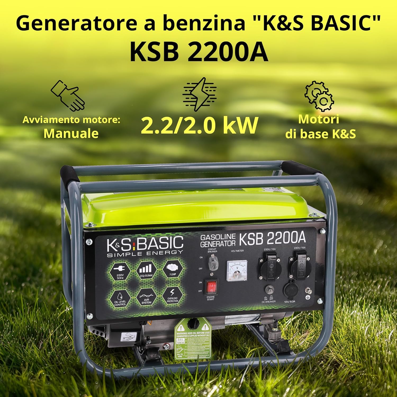 KSB 2200А - Generatore di corrente, motore a benzina a 4 tempi, 5,5 CV, in alluminio, con regolatore automatico di tensione (AVR), 2200 W 16 A, 230 V per uso domestico e ricreativo