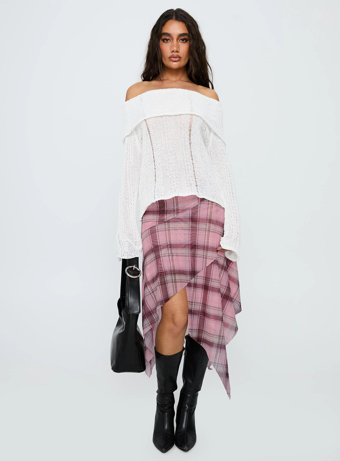 Anali Asymmetrical Midi Skirt Pink / Multi Check