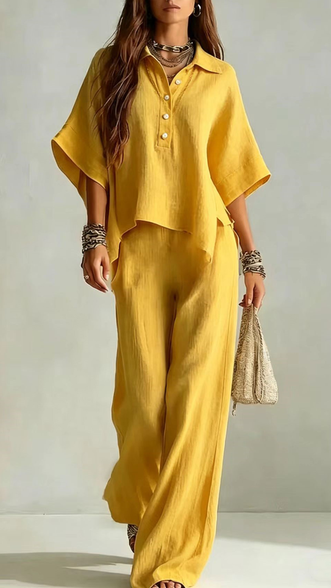 Women's Cotton-Blend Henley Neck Wide-Leg Pants Set - Nordfashionstorm - Women's Clothing, Fashion for You - Nordfashionstorm.com
