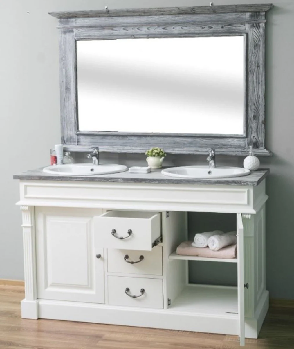 Country house style bathroom set white / gray - 1 double washbasin & 1 wall mirror - solid wood bathroom furniture in country house style