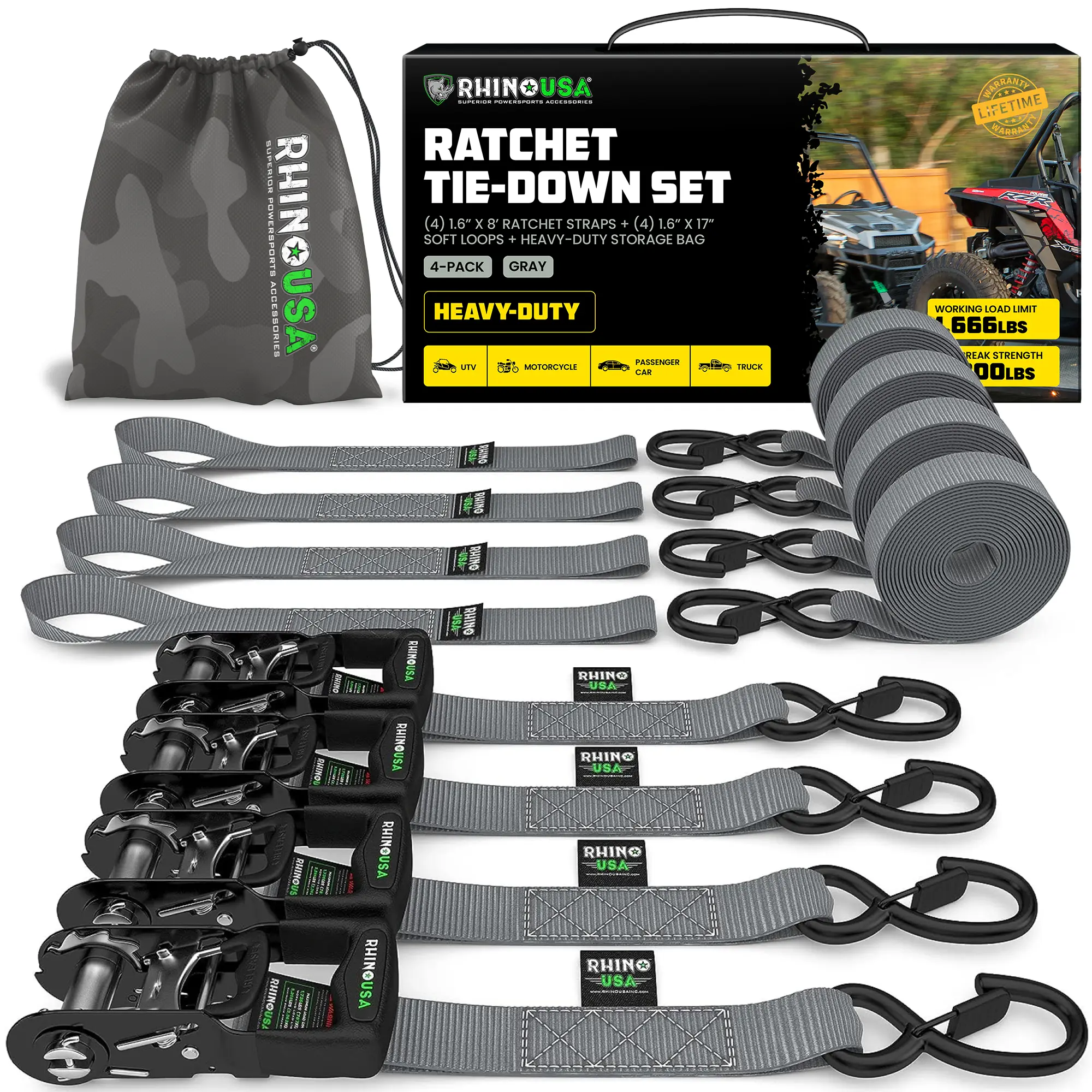 Rhino USA TRADITIONAL Ratchet Straps Heavy Duty Kit - 1.6 Inch x 8ft -15ft (5,208lb Break Strength) 2-4 pack
