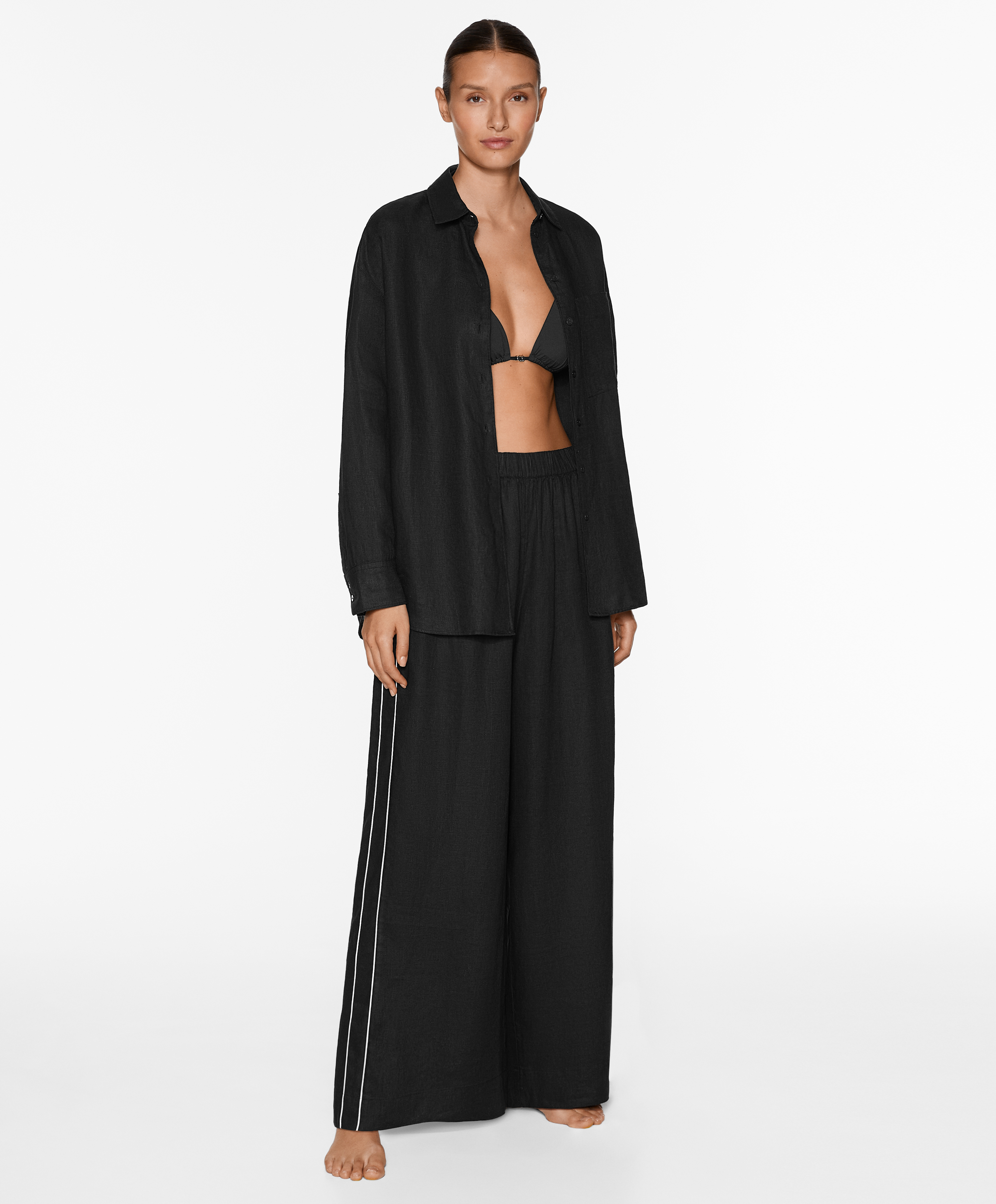 OYSHO 100% linen wide straight-leg trousers with piping
