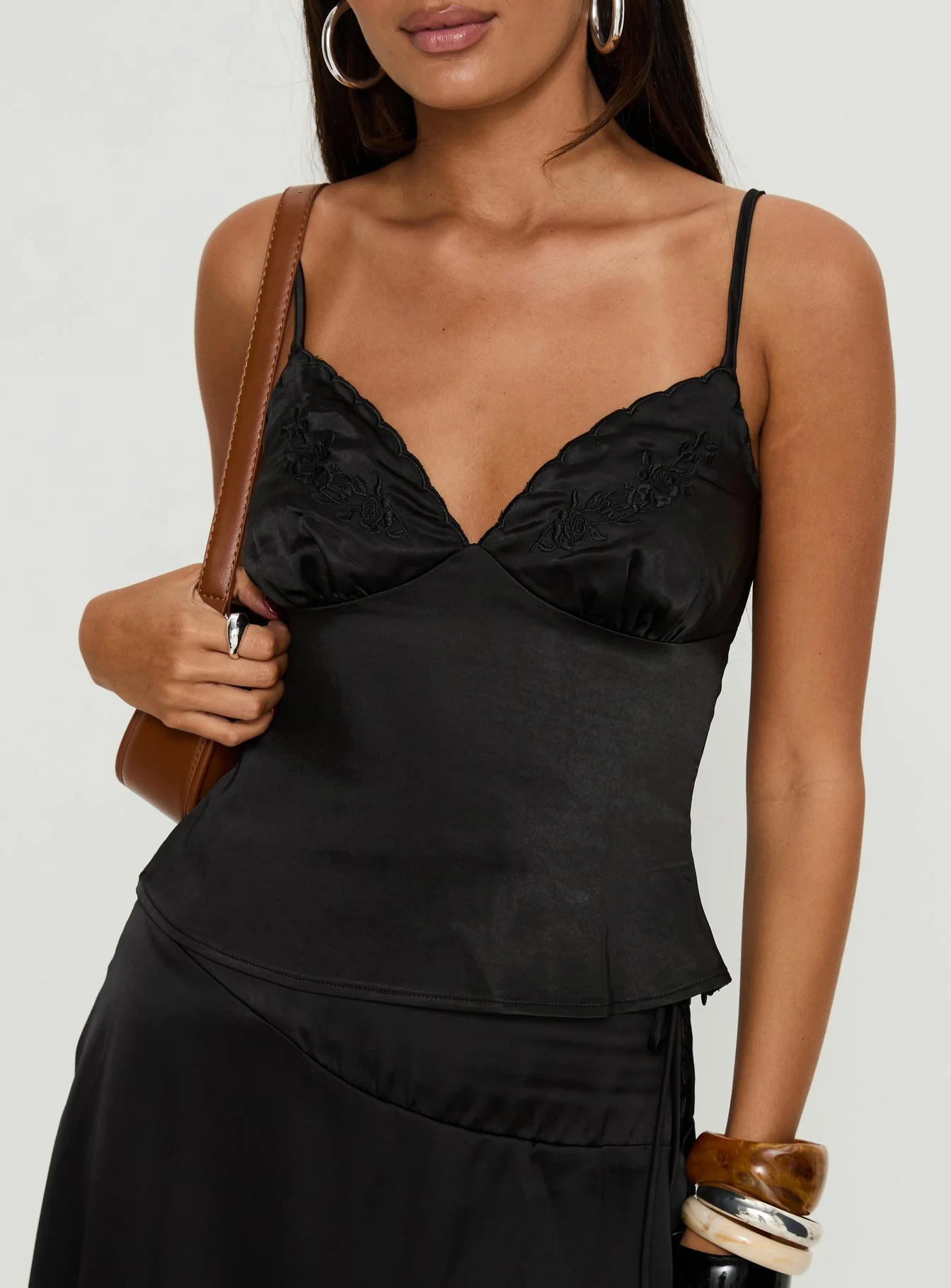 Aruba Satin Embroidered Cami Top Black