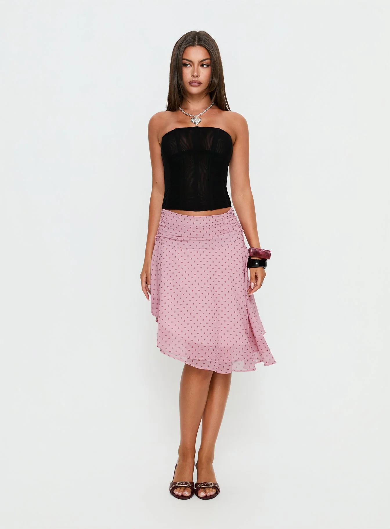 Evanescence Asymmetrical Midi Skirt Pink Polka Dot