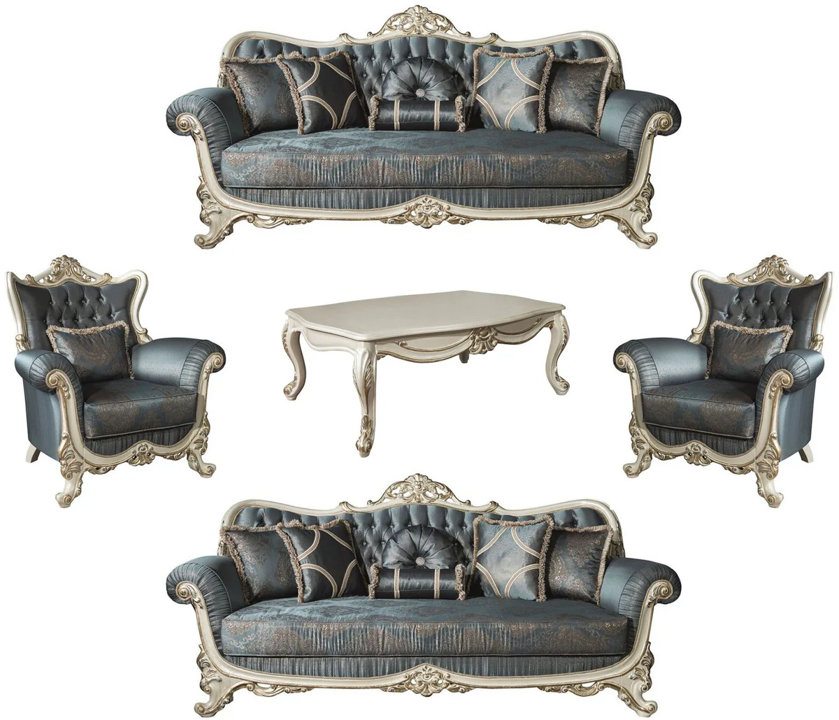 Luxury baroque living room set blue / cream / gold - 2 sofas & 2 armchairs & 1 coffee table - magnificent furniture in the baroque style