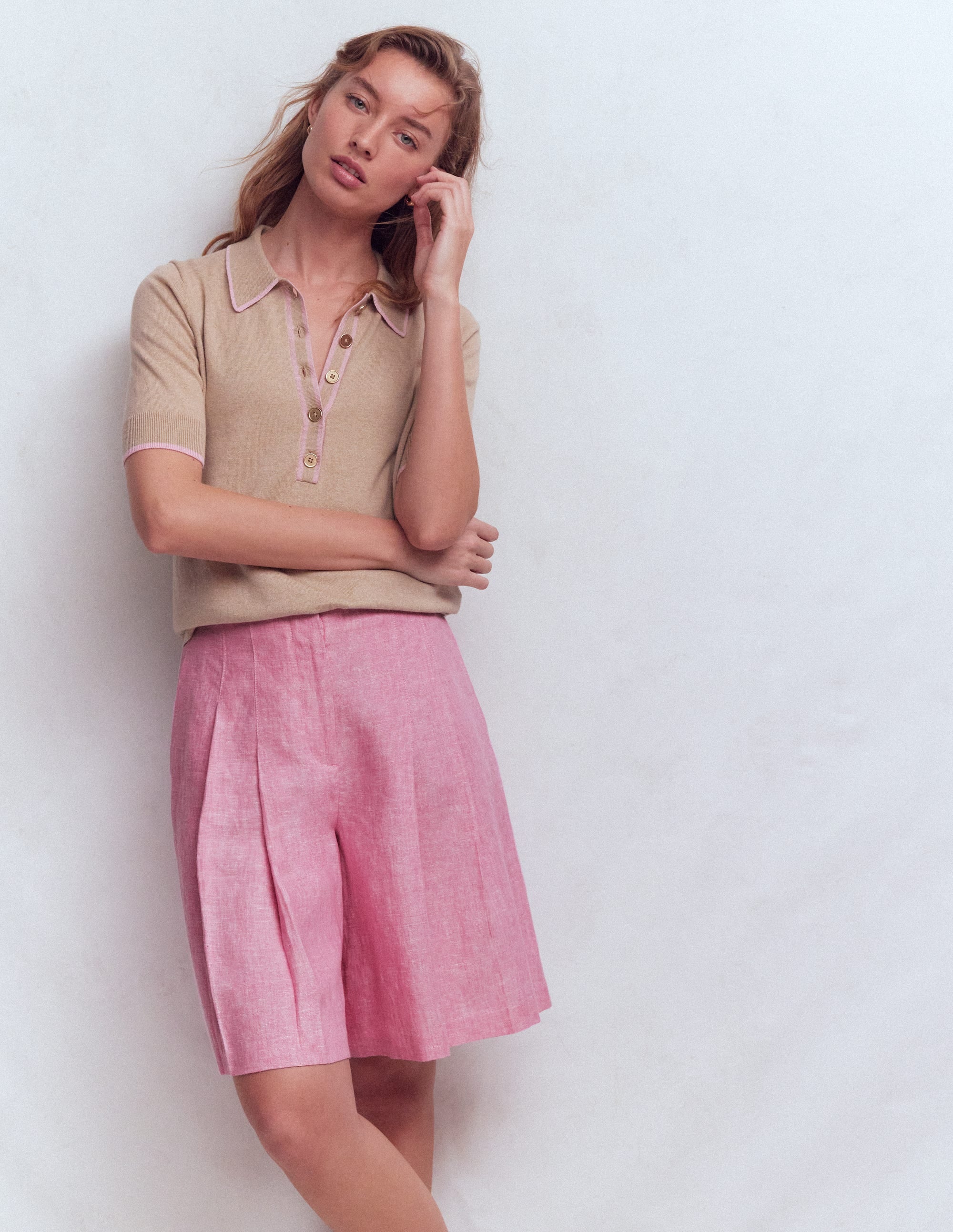 Highbury Leinenshorts mit Faltendetail-Wiesenrosa Chambray