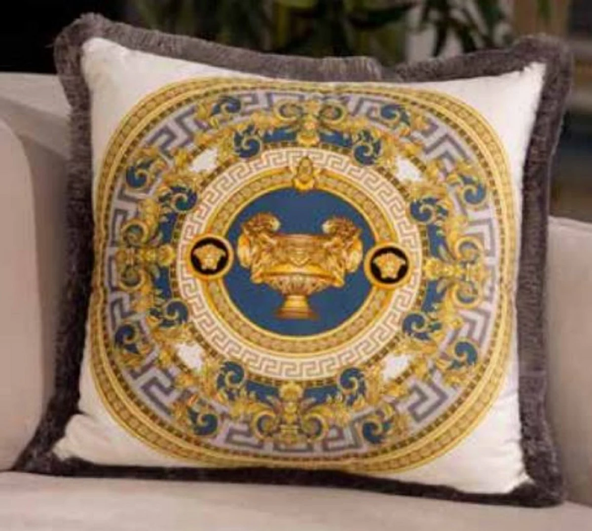 Luxury Baroque Velvet Cushion Vase with Lions White / Gold / Gray 45 x 45 cm - Printed Decorative Cushion with Fringes - Baroque Decorative Accessories
