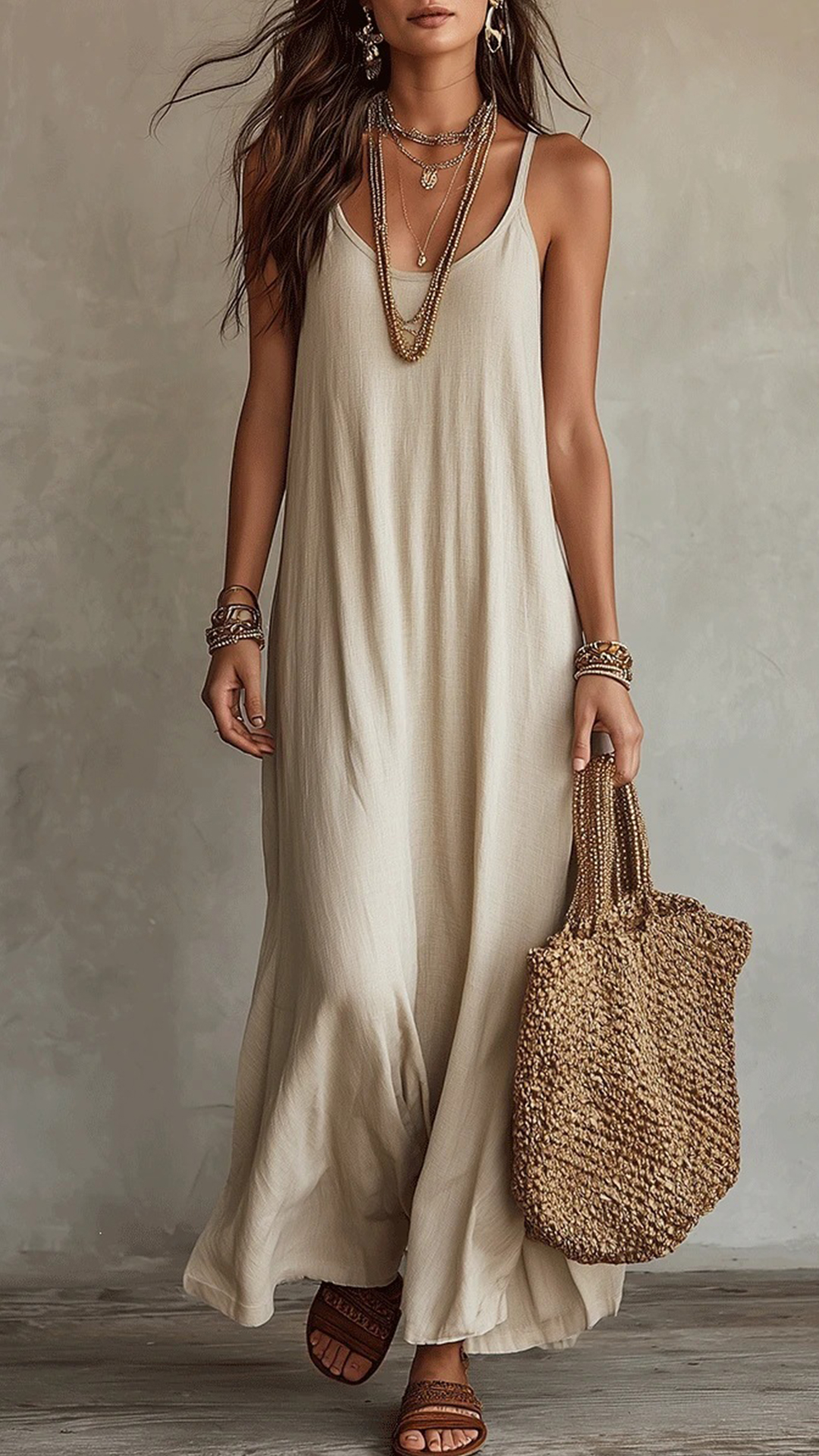 Women's Cotton‑blend Thin‑Strap U‑Neck Loose Maxi Dress - Nordfashionstorm - Women's Clothing, Fashion for You - Nordfashionstorm.com