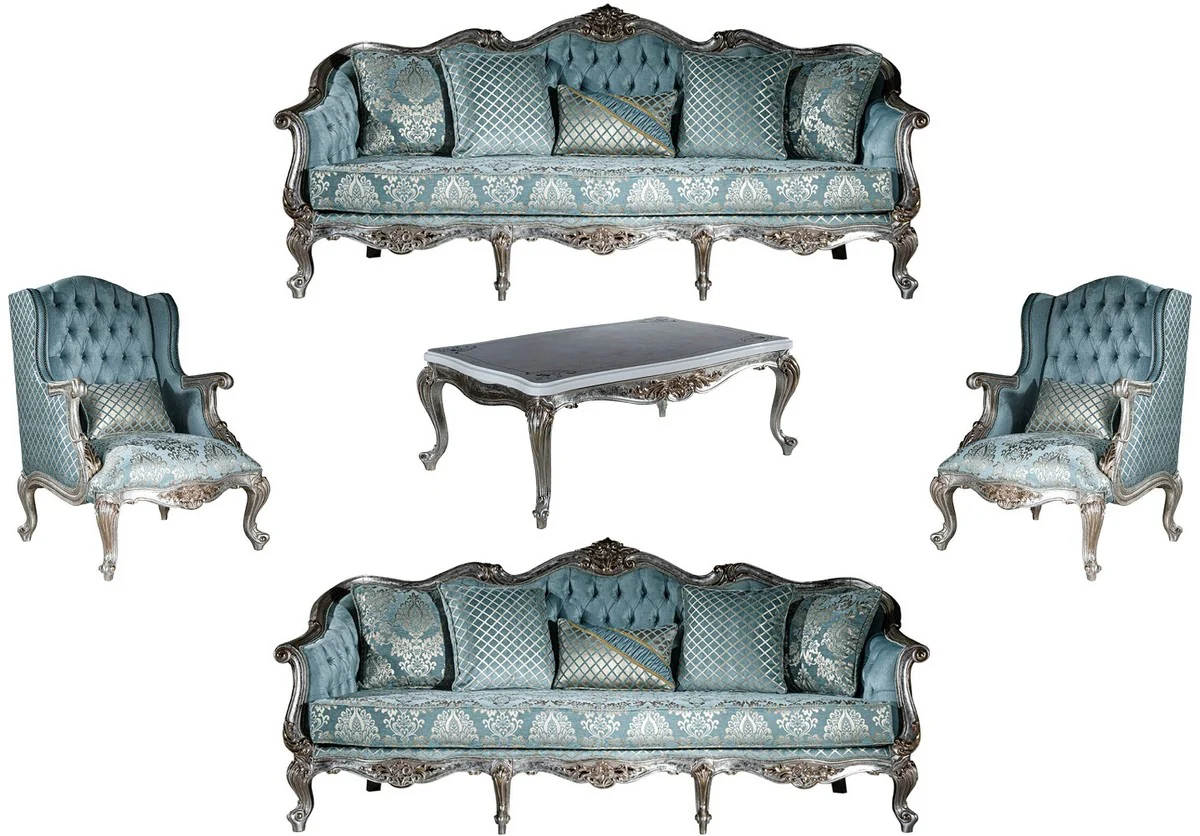 Luxury baroque living room set light blue / silver - 2 sofas & 2 armchairs & 1 coffee table - magnificent living room furniture in baroque style