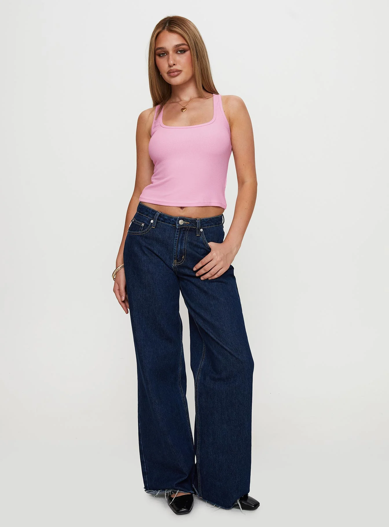 Baseline Square Neck Rib Tank Top Pale Pink