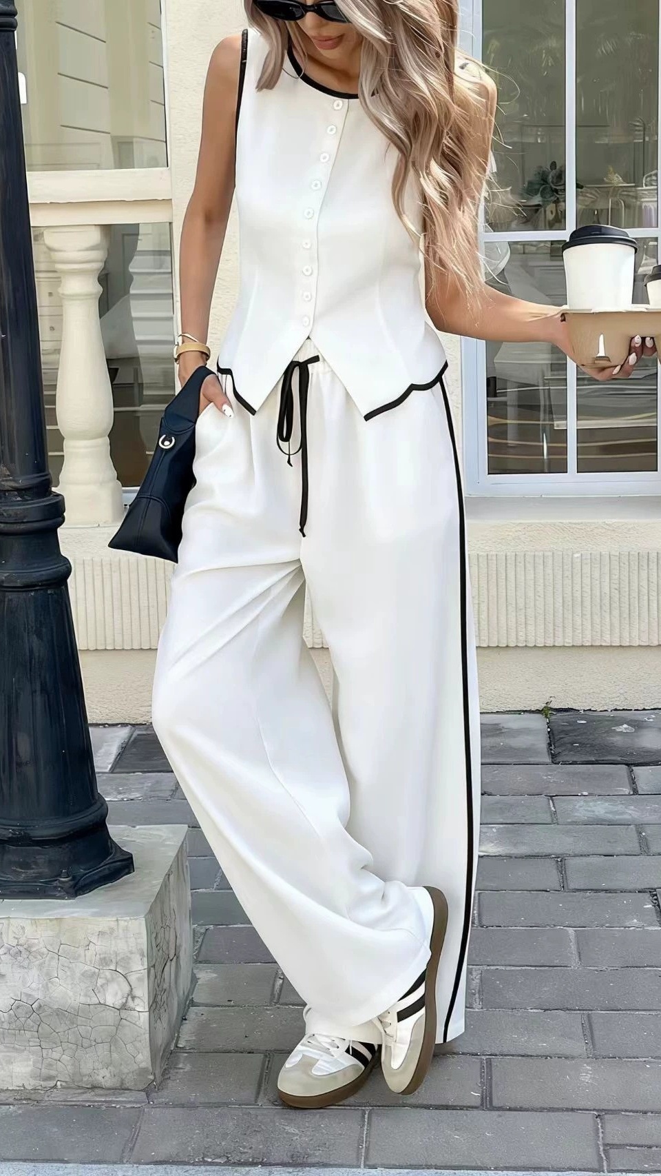 Women's Elegant Sleeveless Top and Trousers Set with Contrast Piping - Nordfashionstorm - Women's Clothing, Fashion for You - Nordfashionstorm.com