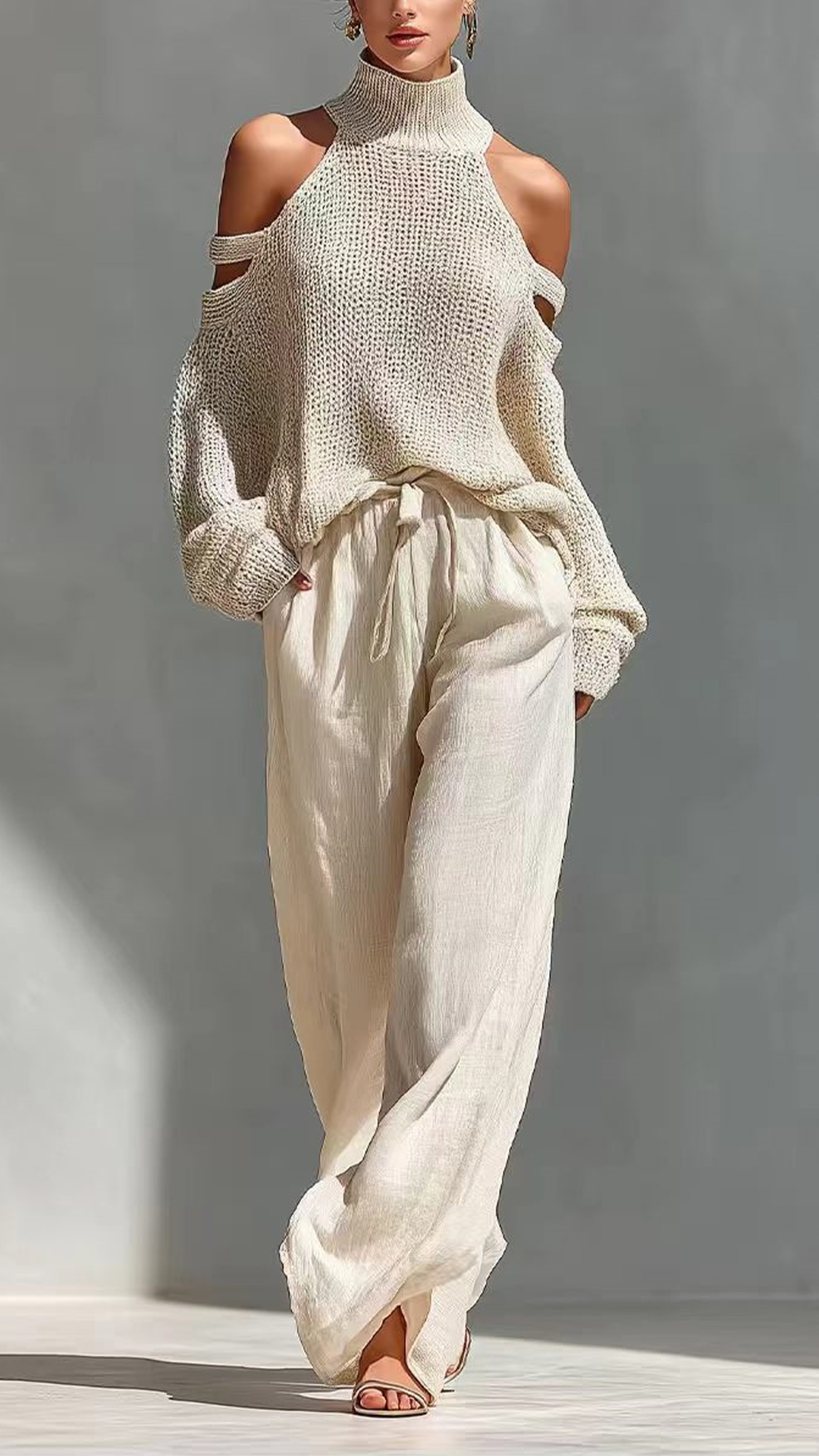 Women's Cotton-Blend Off-White Cold-Shoulder Knit Loose Set - Nordfashionstorm - Women's Clothing, Fashion for You - Nordfashionstorm.com