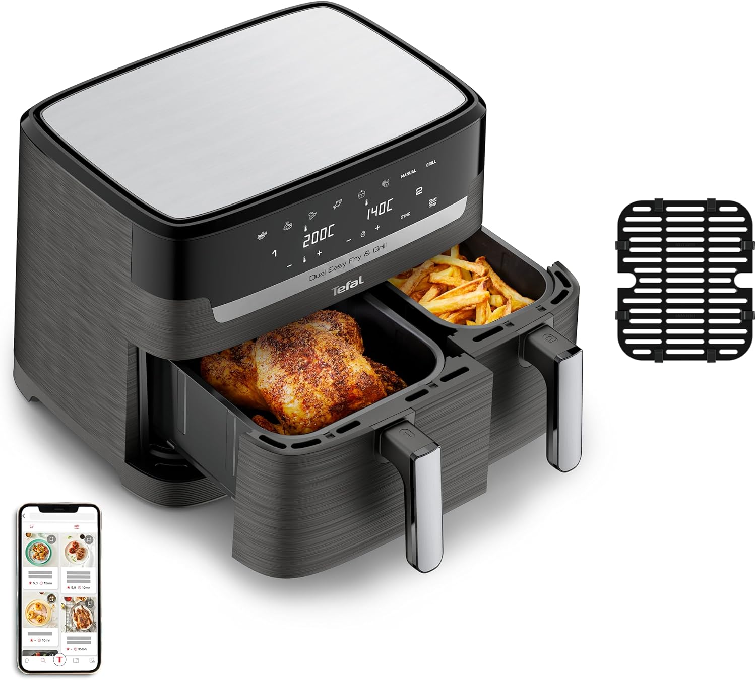 Tefal EY905B10, Easy Fry & Grill Dual XXL, 8,3 L, acciaio inossidabile, doppi cassetti, friggitrice ad aria combinata e grill, pasto completo in famiglia, risparmio energetico, 8 programmi di cottura